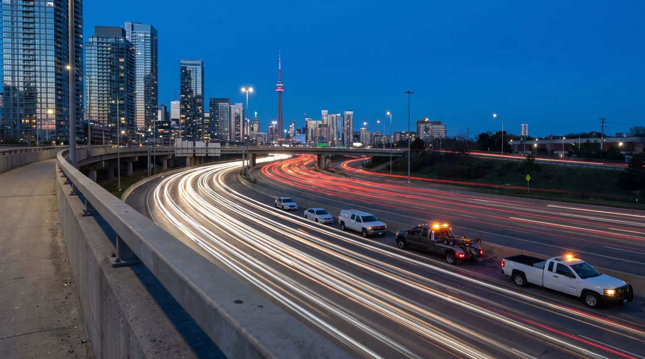 Light trails on a GTA highway at dusk