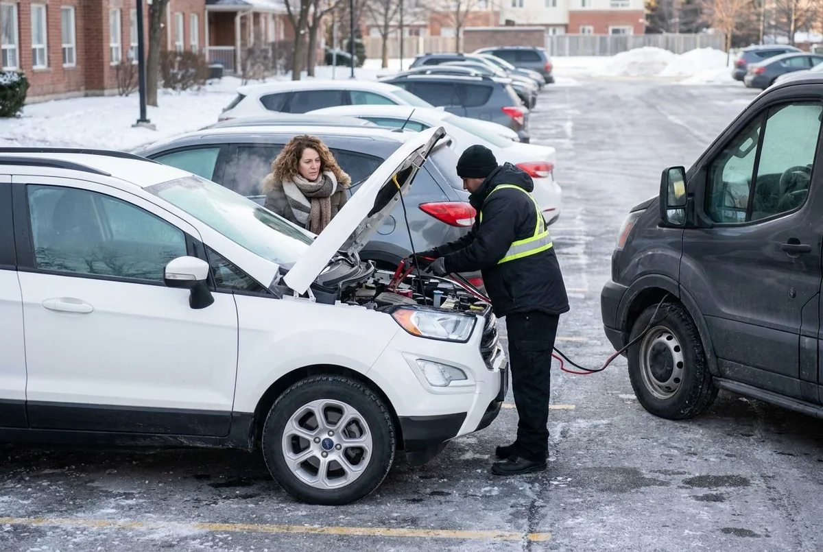 A battery boost in an apartment parking lot on a cold morning