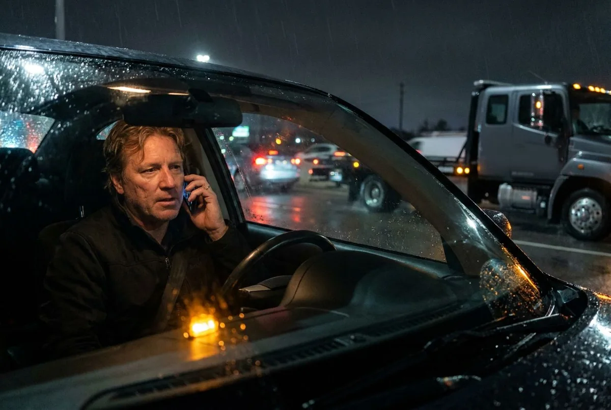 A driver on the phone in the rain