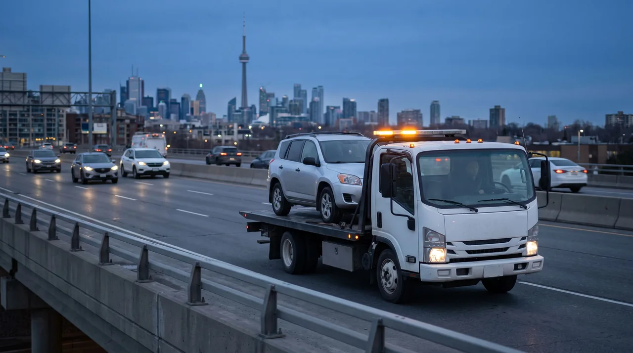 A flatbed carrying an SUV on a Toronto expressway at dusk