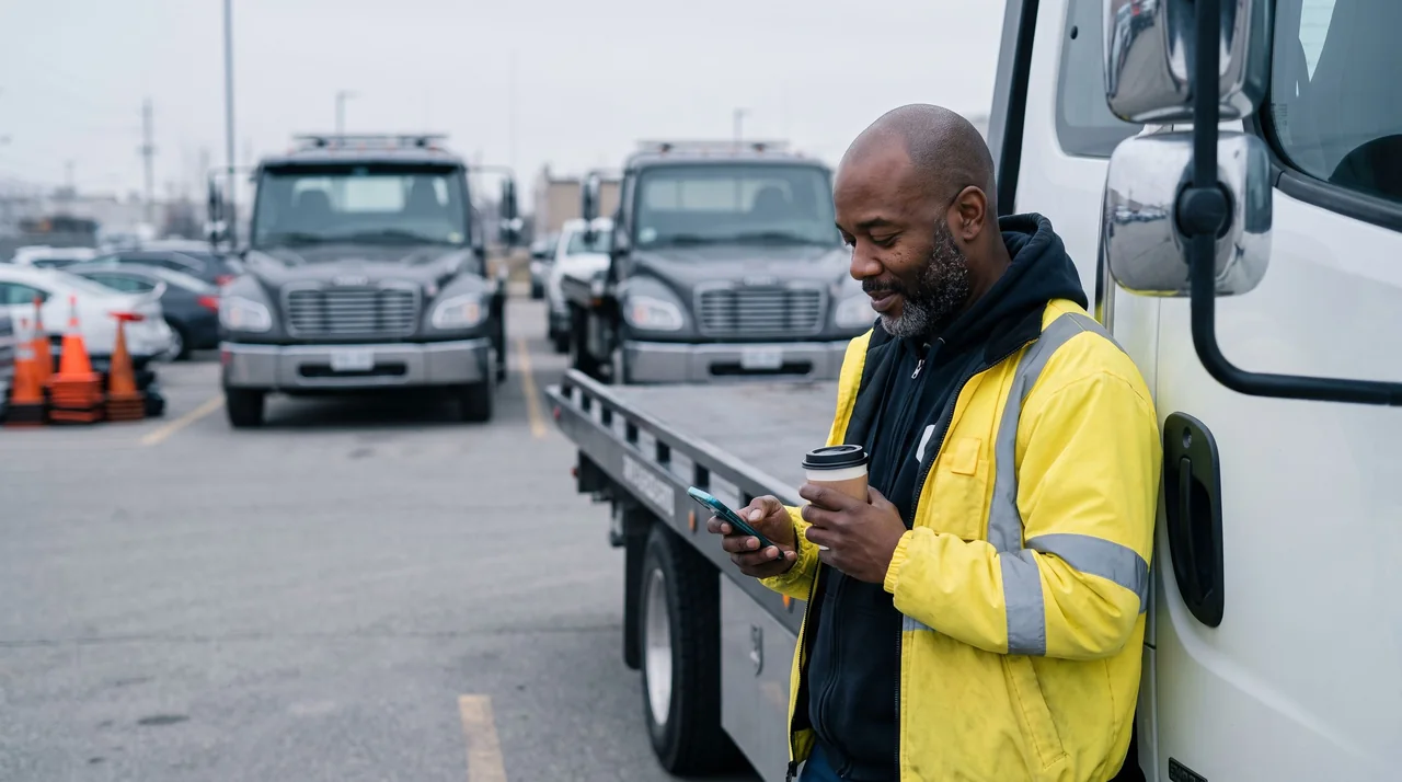 An operator checks his phone beside his truck at dawn