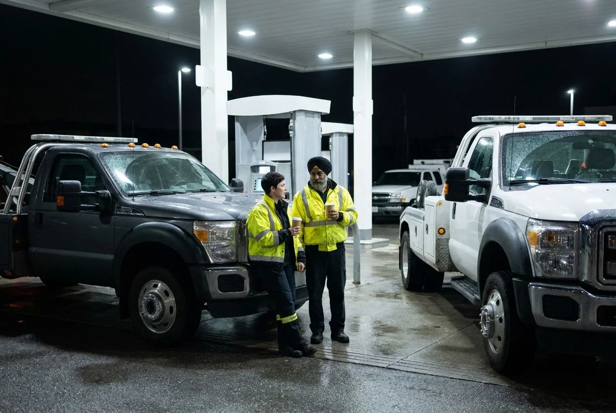 Two operators chatting at a gas station at night