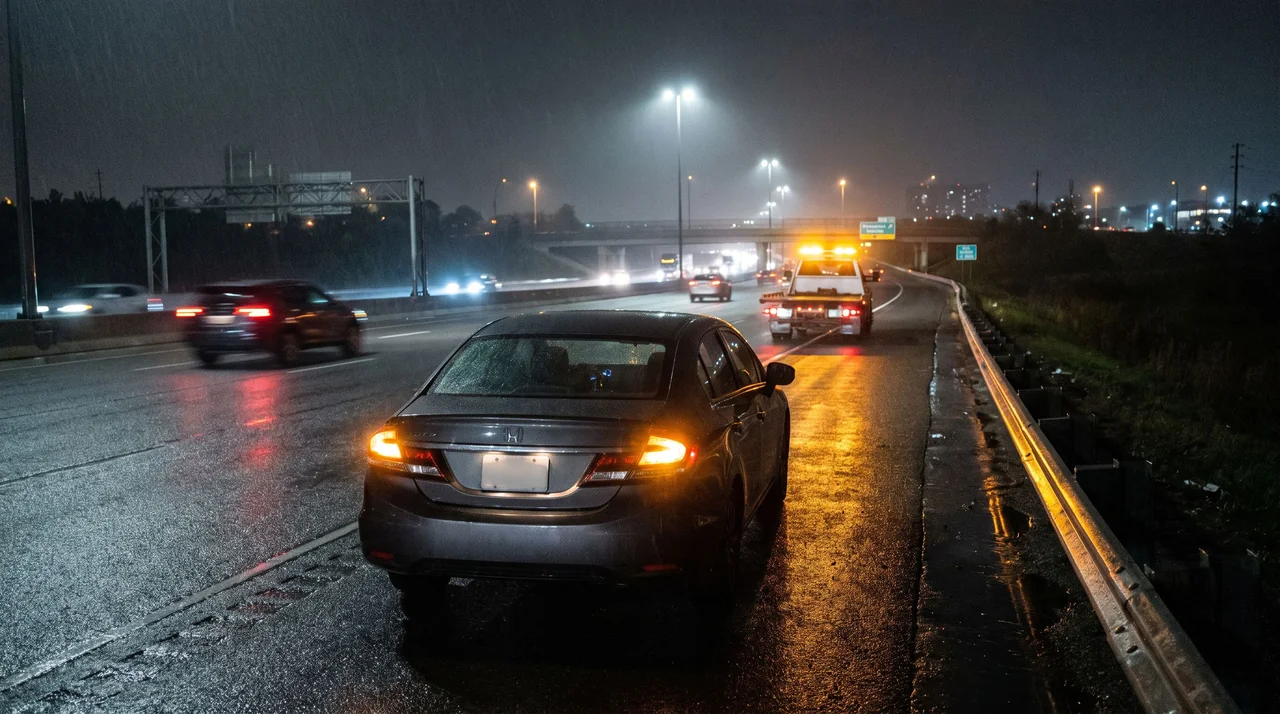 Hazard lights on a wet roadside at night