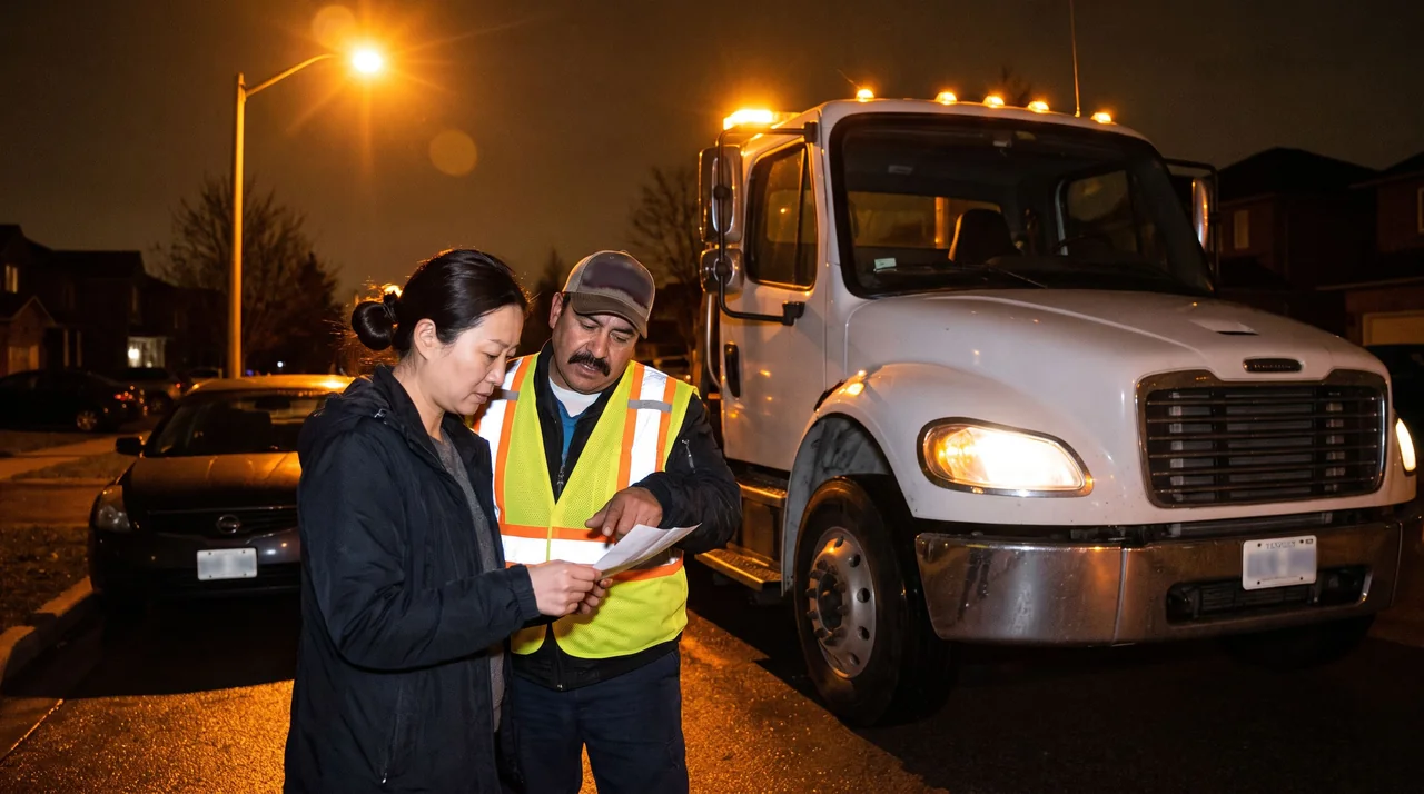 Going over a tow invoice under a streetlight