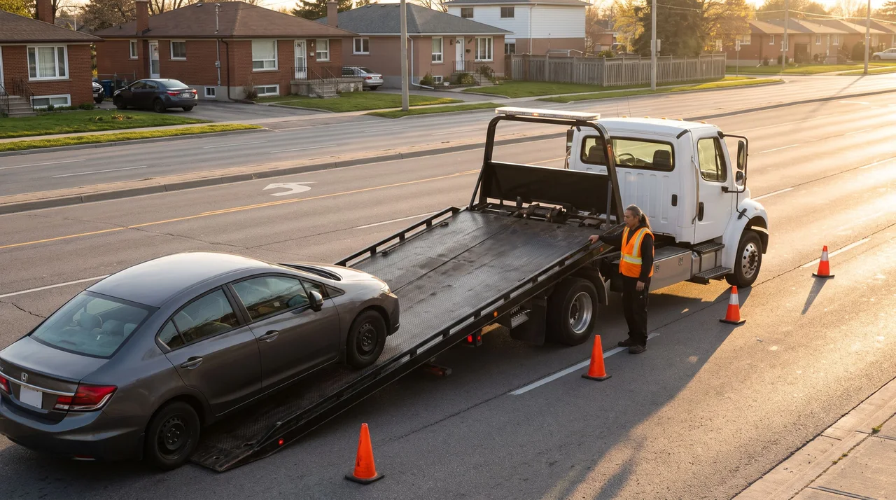 A flatbed tow truck loading a car