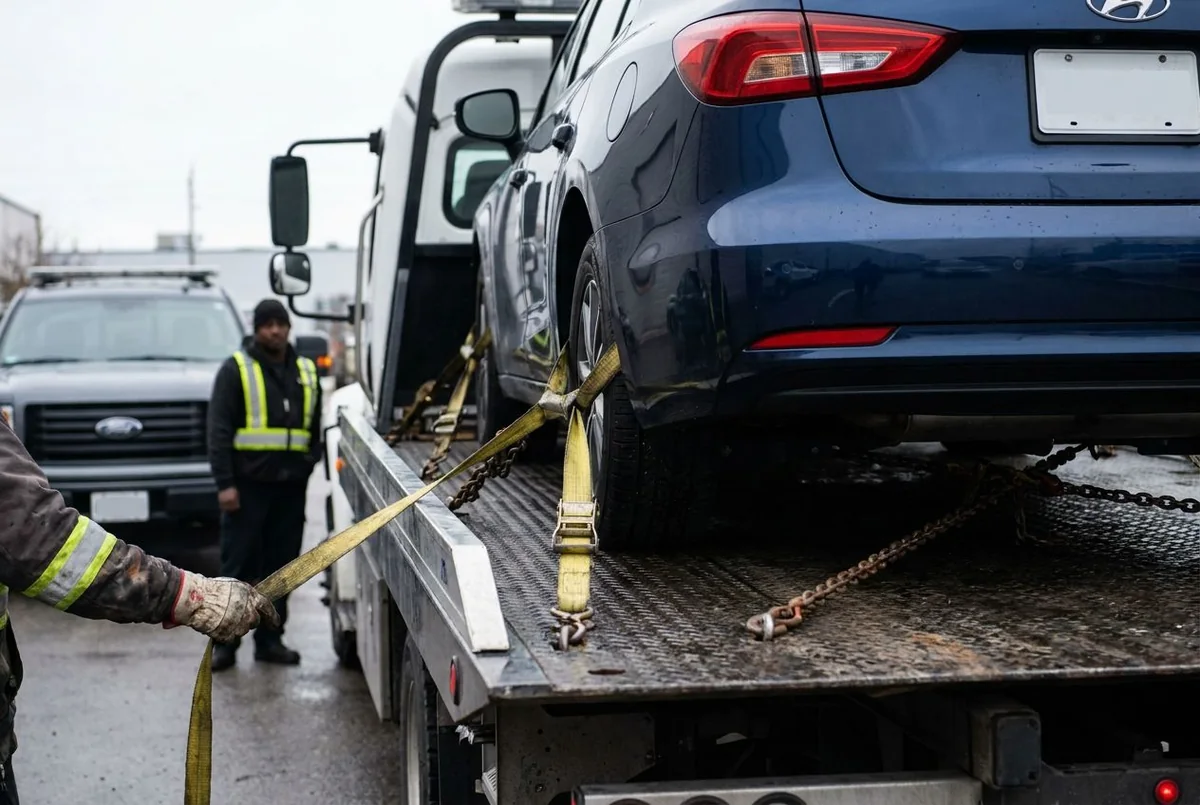 A car secured on a flatbed